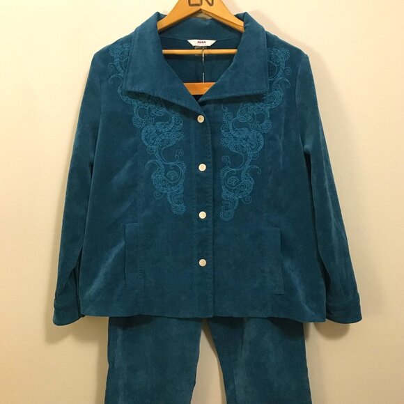 Vintage 90s Alia Embroidered Turquoise Corduroy Jacket and Pantsuit - Picture 1 of 16